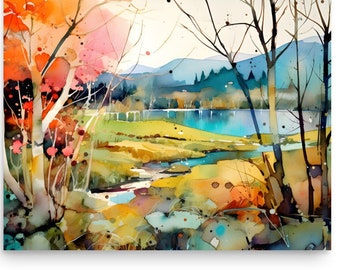 Colorado Aspen Watercolor Art Print: Mountain River Landscape