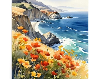 Big Sur Kalifornien Aquarell Kunstdruck: Mohnblumen am Meer