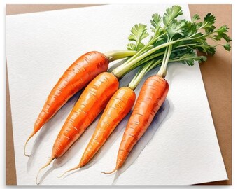 May include: Four orange carrots with green leafy tops arranged on a white surface. The carrots are arranged in a fan shape with the tops pointing towards the top of the image.