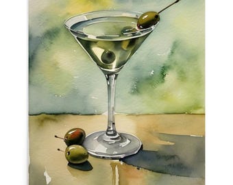 Dirty Martini Watercolor Art Print: Cocktail Still Life