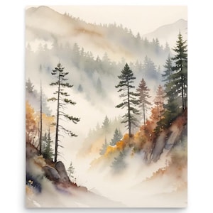 Great Smoky Mountains Painting North Carolina Autumn Landscape Watercolor Art Print Foggy Pine Forest Wall Art Misty Forest Nature Art