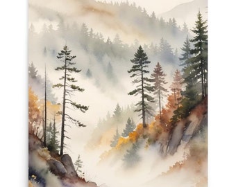 May include: A watercolor painting of a misty forest scene with tall pine trees and a hint of fall foliage in the foreground. The fog creates a sense of depth and mystery in the landscape.
