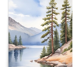 Tahoe Lake Watercolor Art Print: California Mountain Landscape