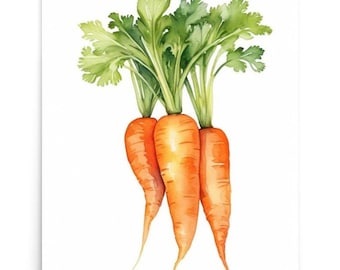May include: A watercolor painting of three orange carrots with green leafy tops.