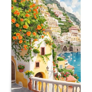 Positano Aquarell Kunstdruck: Amalfiküste Stadtbild