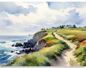 Wild Atlantic Way Art Print: Ireland Coastal Seascape Watercolor