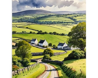 May include: Watercolor print of a rural landscape featuring rolling green hills, stone fences, and a winding road. Several white houses with dark roofs are nestled in the valley. The sky is a mix of blue and white, suggesting a partly cloudy day.