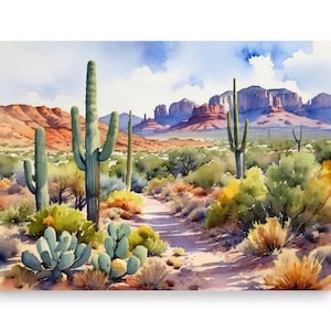Arizona Landscape Painting Sedona Watercolor Art Print Desert Way and Plants Wall Art Cacti Art Arizona Mountain Poster Travel Gifts