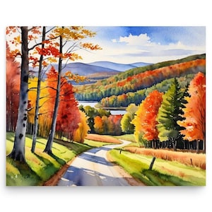 Vermont Painting Autumn Country Landscape Watercolor Art Print Country Road Through Fall Forest Wall Art Vermont Autumn Landscape Artwork