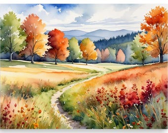 Vermont Autumn Watercolor Painting: Fall Landscape Art Print