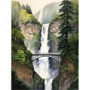 Multnomah Falls Painting Oregon Mountain River Landscape Watercolor Art Print Columbia River Gorge Wall Art Bridge and Waterfall Artwork