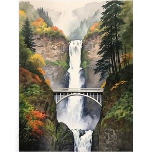 Multnomah Falls Painting Oregon Autumn Mountain River Landscape Watercolor Art Print Columbia River Gorge Wall Art Bridge and Waterfall Art