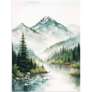 Adirondack Mountains Painting Mountain River Watercolor Art Print Pine Forest Wall Art New York Mountain Landscape Foggy River Forest Print