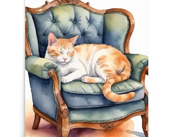 Ginger Cat Watercolor Art Print: Sleeping Cat on Armchair
