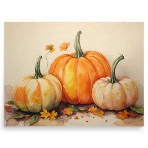 Pumpkins Painting Pumpkins and Autumn Leaves Watercolor Art Print Pumpkins Still Life Wall Art Fruit Print Fall Wall Art Kitchen Still Life