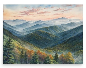 Smoky Mountains Watercolor Art Print: Appalachian Sunset Landscape