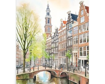 Amsterdam Bridge Watercolor Art Print: Netherlands Cityscape Poster