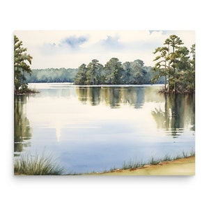 Lake Martin Malerei Alabama Landschaft Aquarell Kunstdruck Alabama Waldsee Landschaft Wand Kunst Neutral Natur Kunst blau grün Kunstwerk