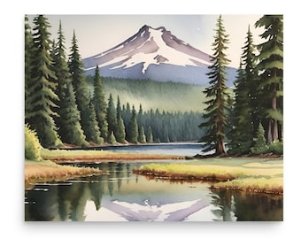 May include: A watercolor painting of a mountain with snow on the peak, reflected in a still lake.  The mountain is surrounded by a forest of evergreen trees.