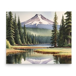 Trillium Lake Painting Oregon Watercolor Art Print Mount Hood Wall Art Panoramic Mountain Lake Landscape Watercolor Print Pine Forest Art
