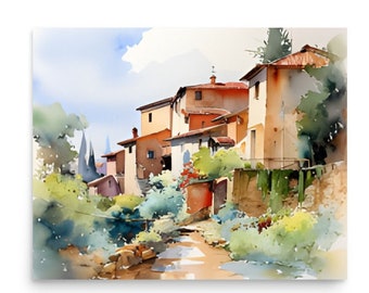 Tuscany Landscape Watercolor Art Print: Italy Cityscape Wall Decor