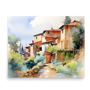 Tuscany Landscape Watercolor Art Print: Italy Cityscape Wall Decor