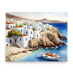 Mykonos Painting Greece Watercolor Art Print Greek Island Wall Art Cyclades Islands Travel Poster Mykonos Cityscape Artwork Greece Gifts