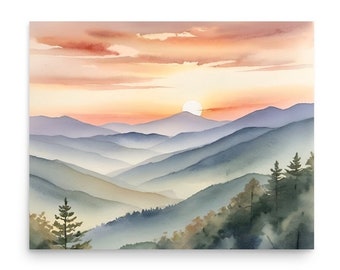 Great Smoky Mountains schilderij Sunrise aquarel Art Print Appalachian Mountains Wall Art bergketen Art Blue Ridge Mountains afdrukken