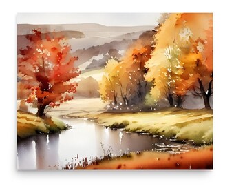 Vermont Autumn Landscape Watercolor Art Print: Fall Forest River