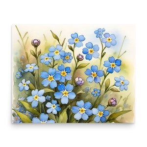 Forget-Me-Nots Painting Blue Flowers Watercolor Art Print Botanical Wall Art Flowers Painting Sky Blue Green Wall Art Floral Poster