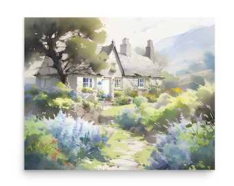 Scottish Cottage Watercolor Painting Scotland Country Landscape Art Print Farmhouse Watercolor Wall Art Cottage Flowers Garden Art Print