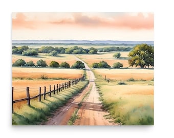 Texas Farmland Watercolor Art Print: Country Road Landscape