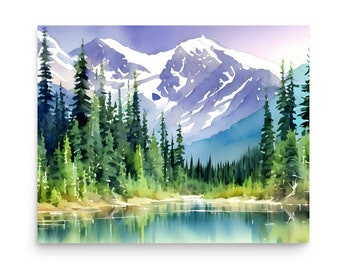 Sawtooth Range Painting Redfish Lake Watercolor Art Print Idaho Mountain Landscape Wall Art Rocky Mountains Artwork Pine Forest Art Poster