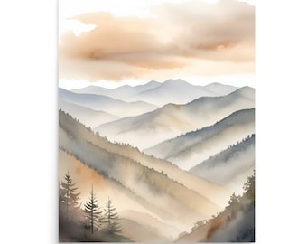 Smoky Mountains Sunrise Watercolor Art Print, Minimalist Mountain Landscape