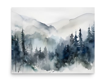 Misty Appalachian Mountains Watercolor Art Print: Foggy Pine Forest Landscape