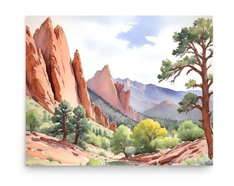 Garden of Gods Watercolor Art Print: Colorado Mountain Landscape