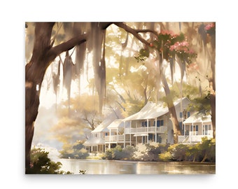 Louisiana House Watercolor Painting: Panoramic Landscape Art Print