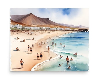 Fuerteventura eiland pinting Canarische eilanden aquarel Art Print Spaanse zeegezicht kunst aan de muur mensen op het strand kunst Oceaan kust poster