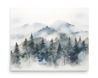 Oregon Foggy Mountain Watercolor Art Print: Pacific Northwest Landscape