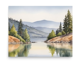 Lake Colur d'Alene Painting Idaho Landscape Watercolor Art Print Mountain Lake and Pine Forest Wall Art Panoramic Nature Landscape Artwork