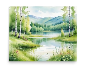 Aspen Painting Colorado Watercolor Art Print Mountain Lake Wall Art  Birch Forest Art Mountain Lake and Summer Wildflowers Landscape Poster