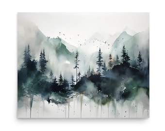 Oregon Foggy Pine Forest Art Print: Pacific Northwest Watercolor Landscape