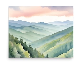 Smoky Mountains Watercolor Art Print: Minimalist Mountain Landscape
