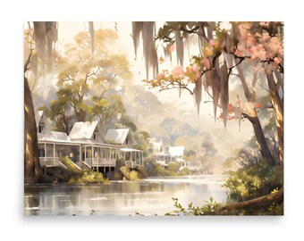 New Orleans Watercolor Art Print: Louisiana Lake House Landscape