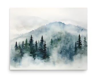 Misty Appalachian Mountains Watercolor Art Print: Foggy Pine Forest