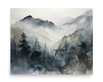 Foggy Mountain Pine Forest Watercolor Art Print: Colorado Landscape