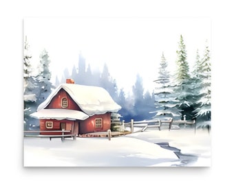 Forest Cabin Painting Snowy Pine Forest Watercolor Art Snow Scene Art Print Forest Cabin Wall Art Pine Tree Print Panoramic Winter Landscape