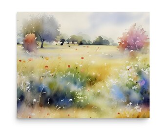 Wildflower Meadow Watercolor Painting: Panoramic Landscape Art Print