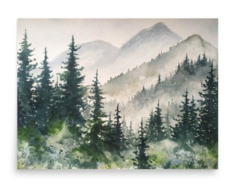 Appalachian Mountains Watercolor Art Print: Foggy Pine Forest Landscape
