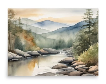 サーモン川の水彩画アートプリント：アイダホ州の山の風景
